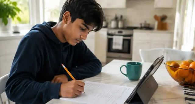 Teenage student doing homework on a worksheet at a kitchen table beside a tablet