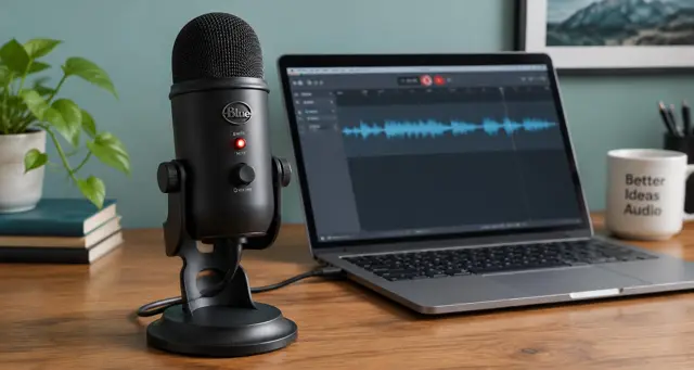 Desk microphone beside a laptop recording the audio of an online lesson