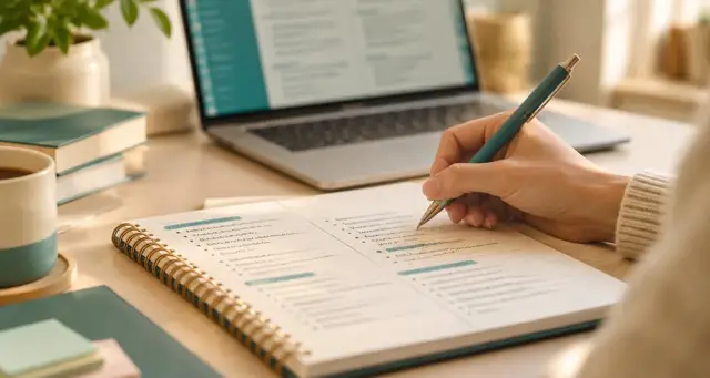 Tutor's hand writing structured lesson notes with a teal pen