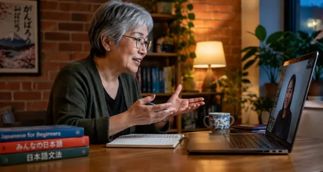Japanese tutor talking with her student on a video call in a lamp-lit room