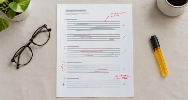 Printed lesson feedback page with handwritten corrections and ticks in red and teal