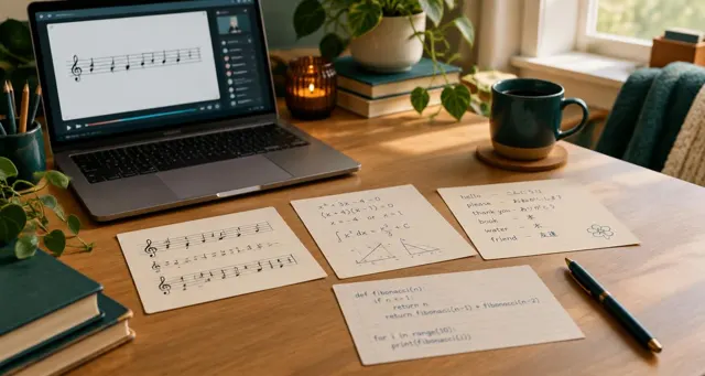 Handwritten lesson note cards for music, math, language and coding beside a laptop