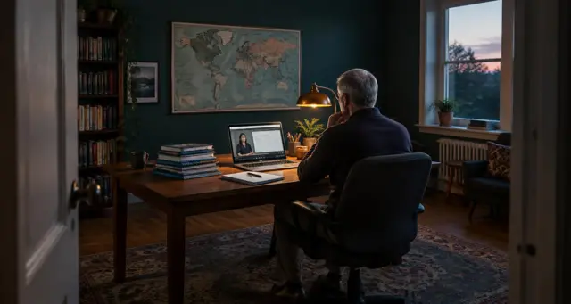 Tutor at his desk at dusk during an online lesson, student notebooks stacked beside him