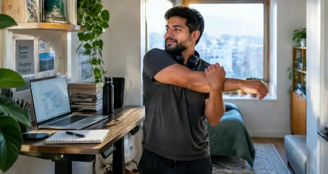 Tutor stretching at his standing desk between back-to-back online lessons