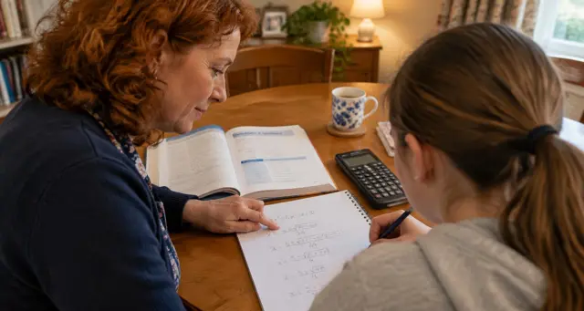 Private tutor pointing at a quadratic equation while her student works it out