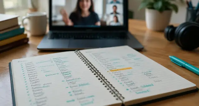 Vocabulary notebook with corrections marked in teal beside a video lesson