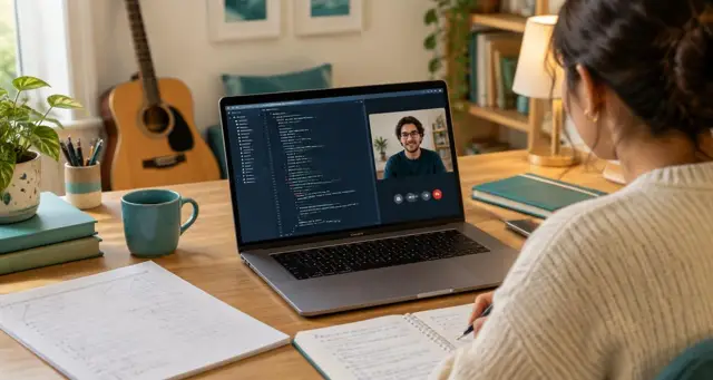 Tutor reviewing session notes beside a laptop showing a coding lesson